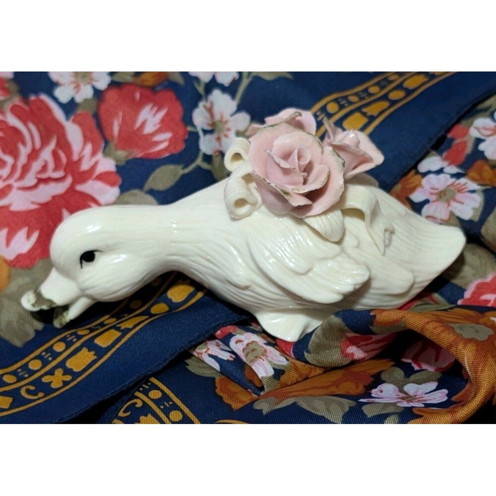 Vintage Porcelain Duck Figurine Pink Roses Spaghetti Bow Lefton Style 5"